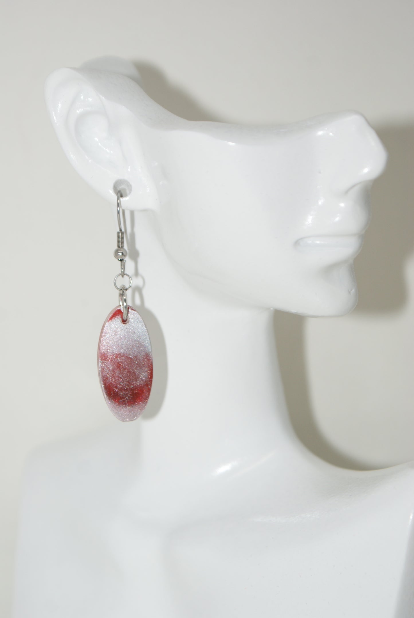 Hand-Poured Resin and Alcohol Ink Earrings - Oval - Red/Silver