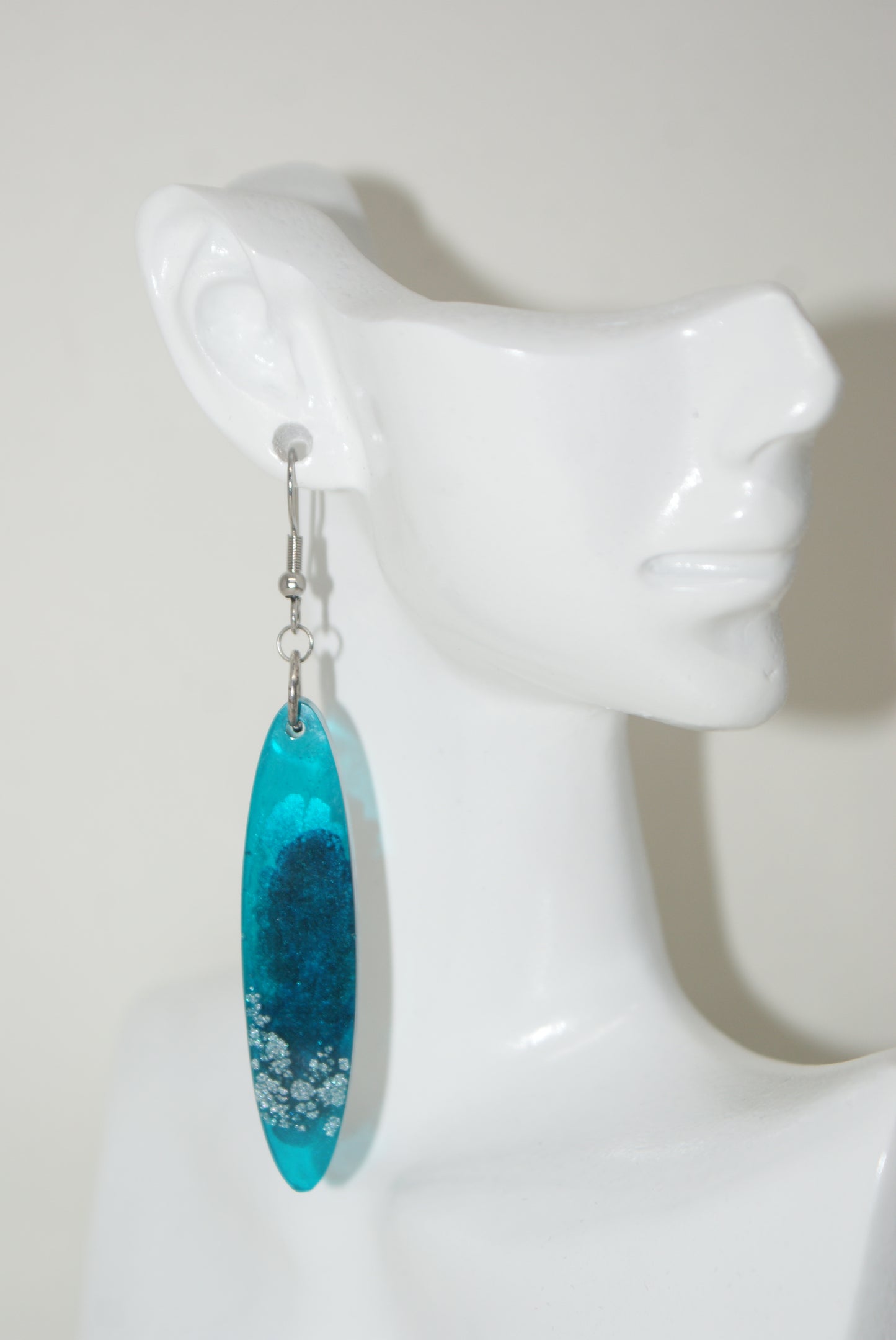 Hand-Poured Resin and Alcohol Ink Earrings - Oval - Turquoise/Silver