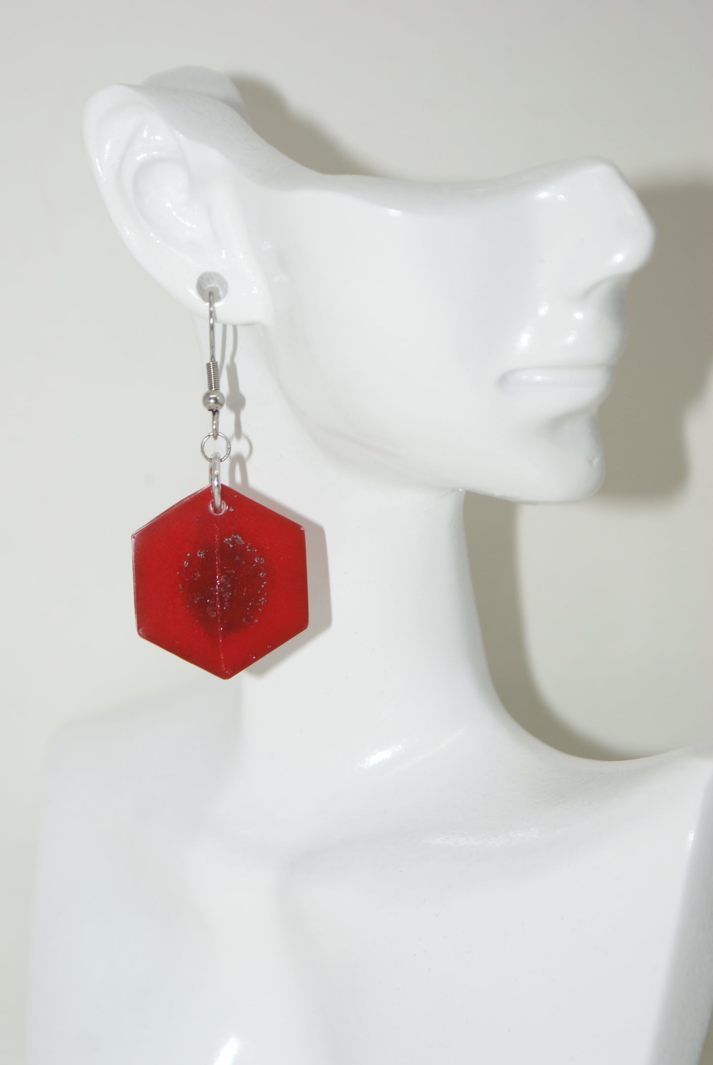 Hand-Poured Resin and Alcohol Ink Earrings - Hex - Red/Silver