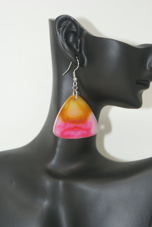 Hand-Poured Resin and Alcohol Ink Earrings - Triangle - Brown/Pink