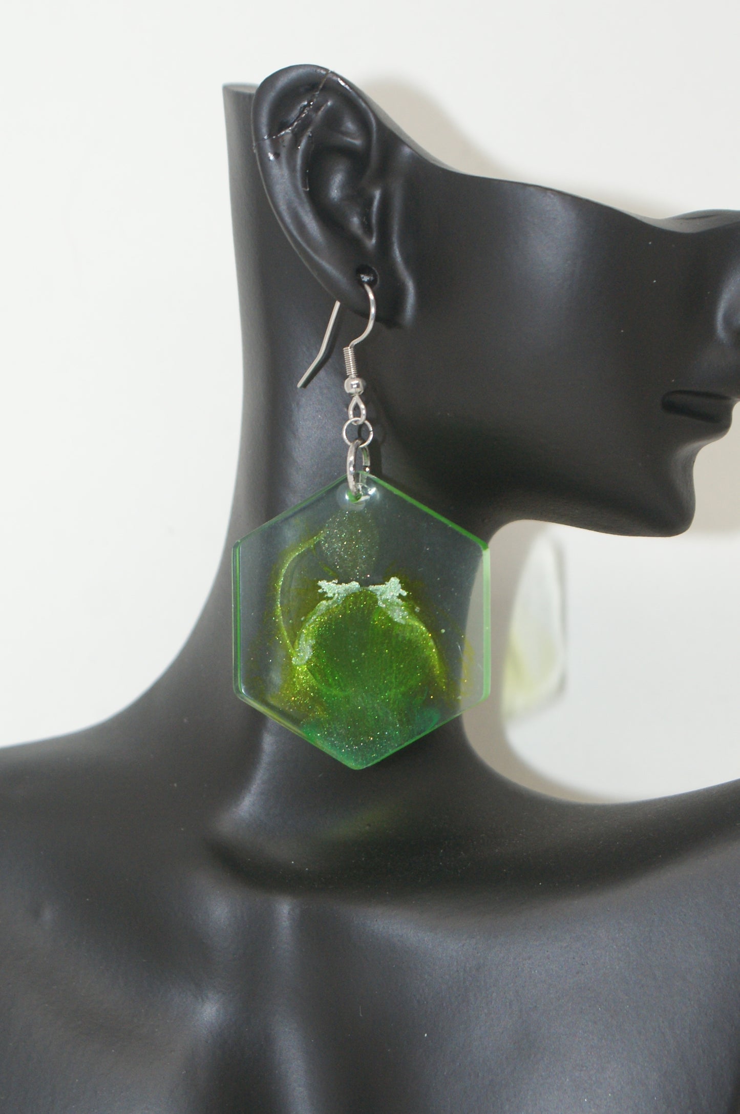 Hand-Poured Resin and Alcohol Ink Earrings - Hex - Green