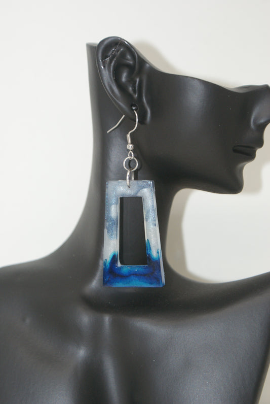 Hand-Poured Resin and Alcohol Ink Earrings - Hoop - Blue/White