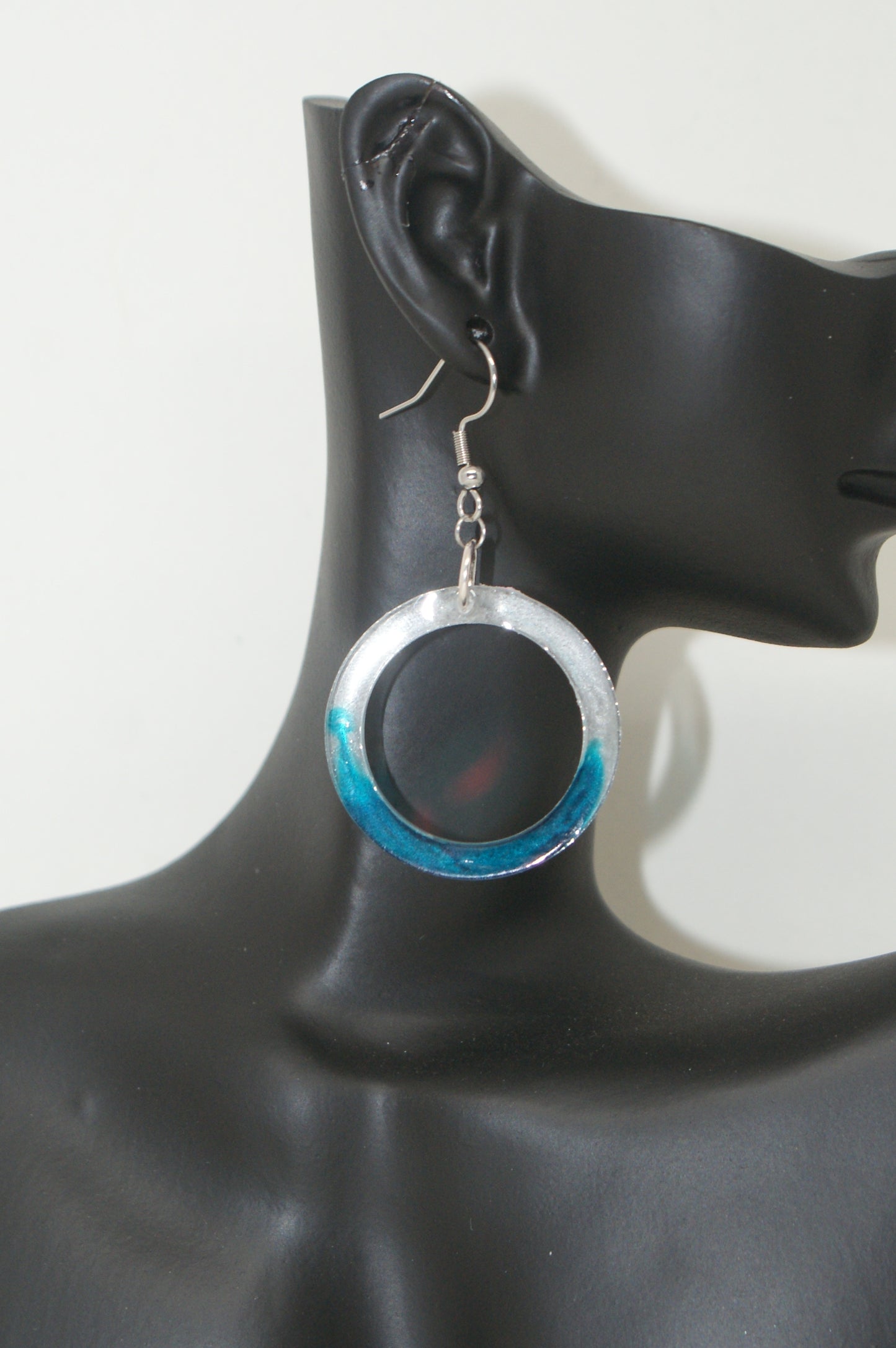 Hand-Poured Resin and Alcohol Ink Earrings - Hoop - Blue/White