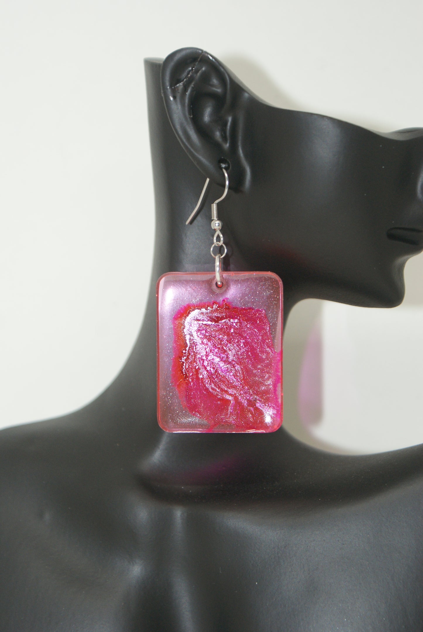 Hand-Poured Resin and Alcohol Ink Earrings - Rectangle - Pink