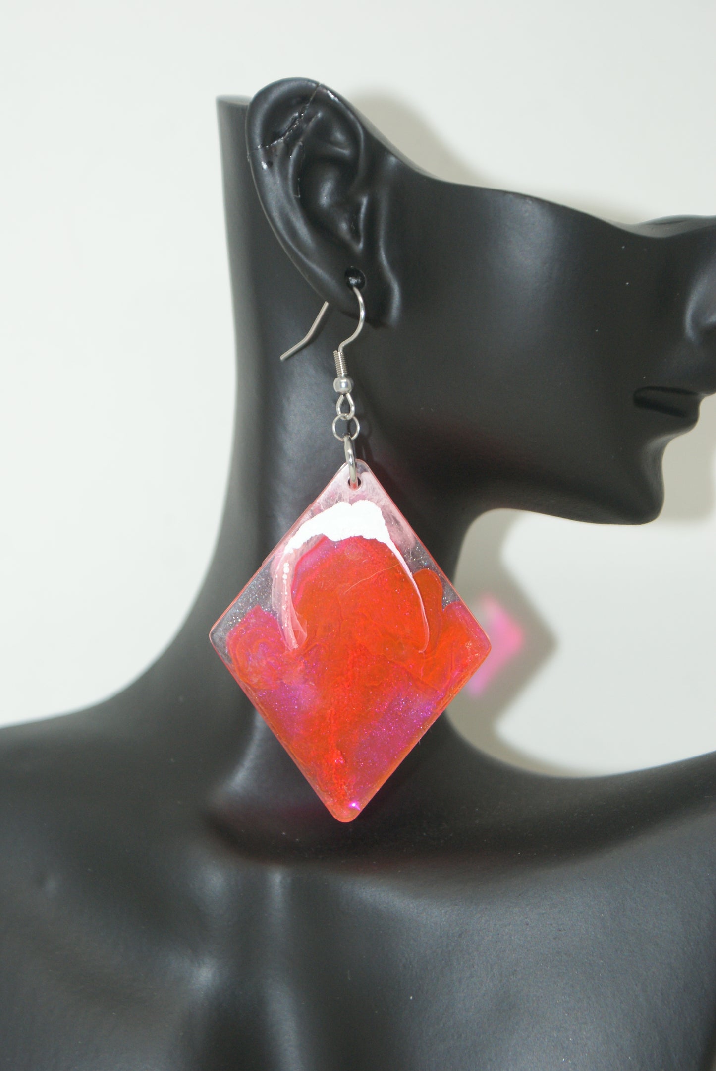 Hand-Poured Resin and Alcohol Ink Earrings - Diamond - Pink/White
