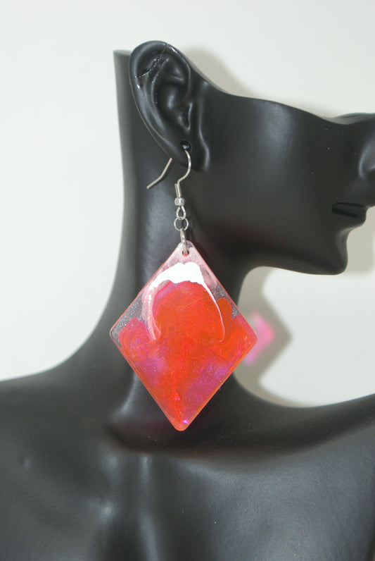 Hand-Poured Resin and Alcohol Ink Earrings - Diamond - Pink/White