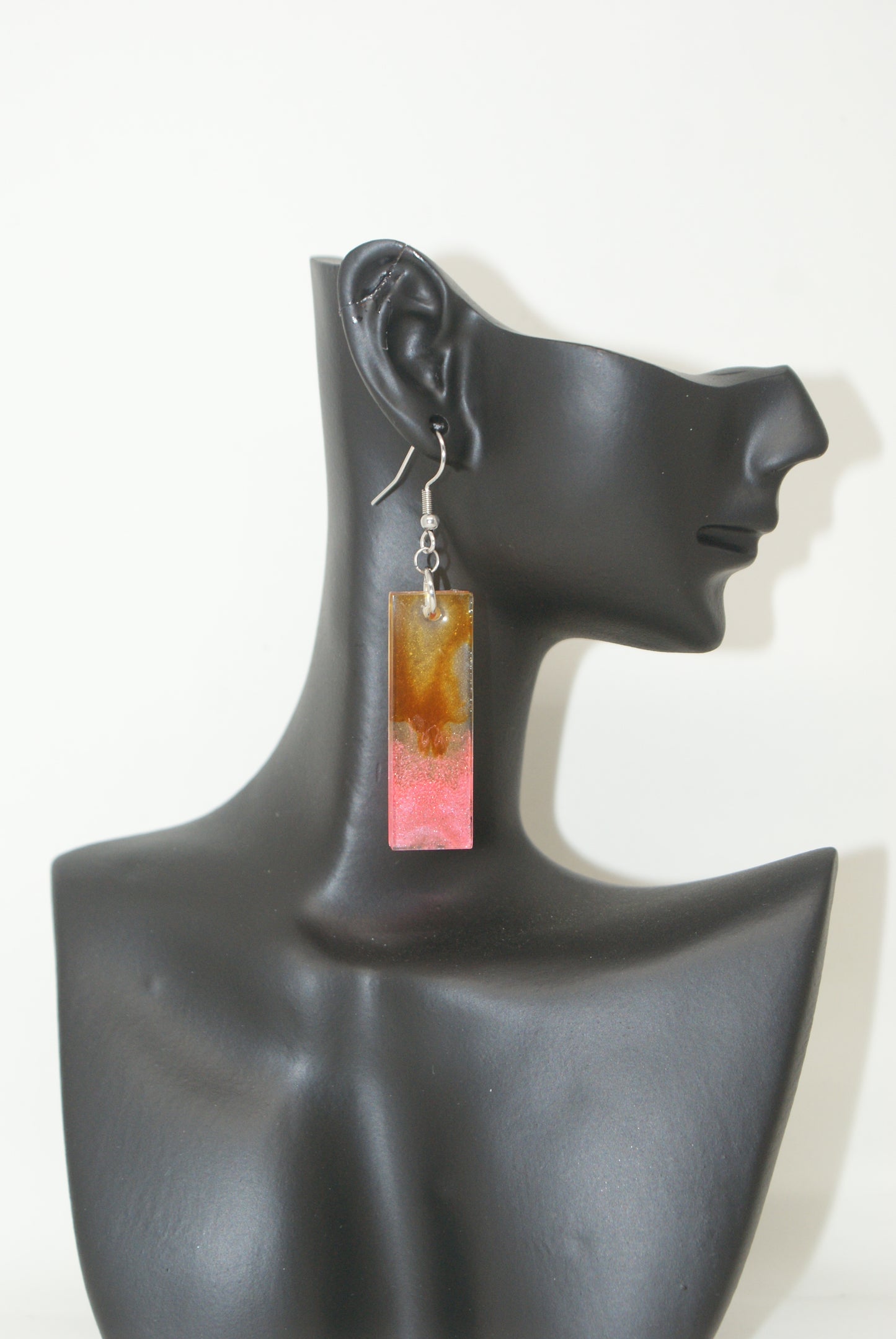 Hand-Poured Resin and Alcohol Ink Earrings - Rectangle - Brown/Pink