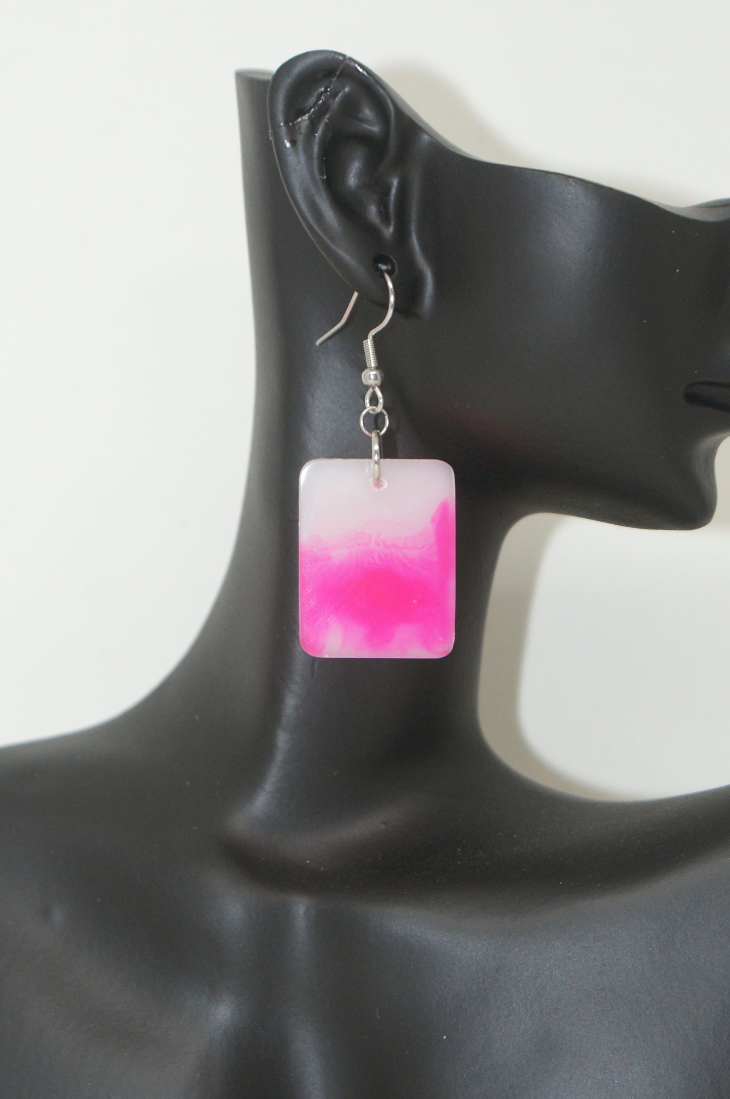 Hand-Poured Resin and Alcohol Ink Earrings - Rectangle - Pink/White