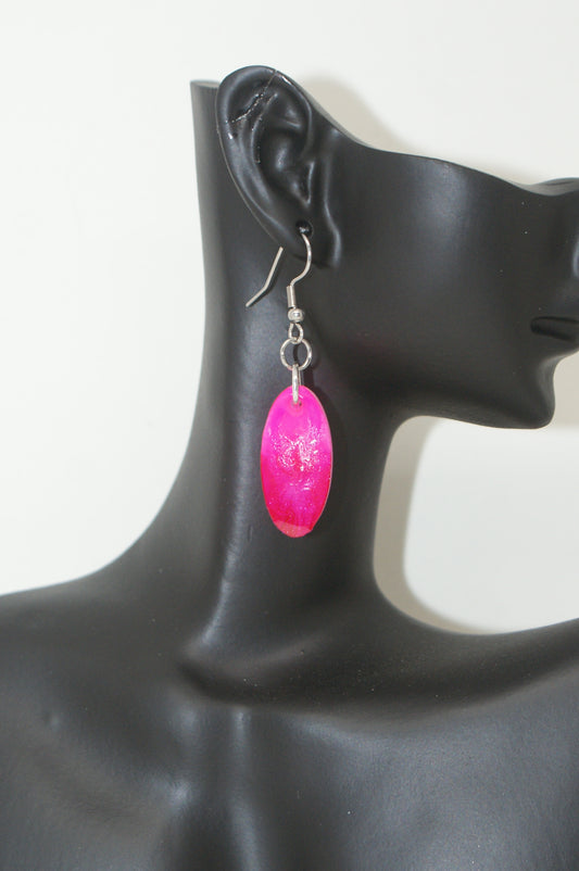 Hand-Poured Resin and Alcohol Ink Earrings - Oval - Fuchsia