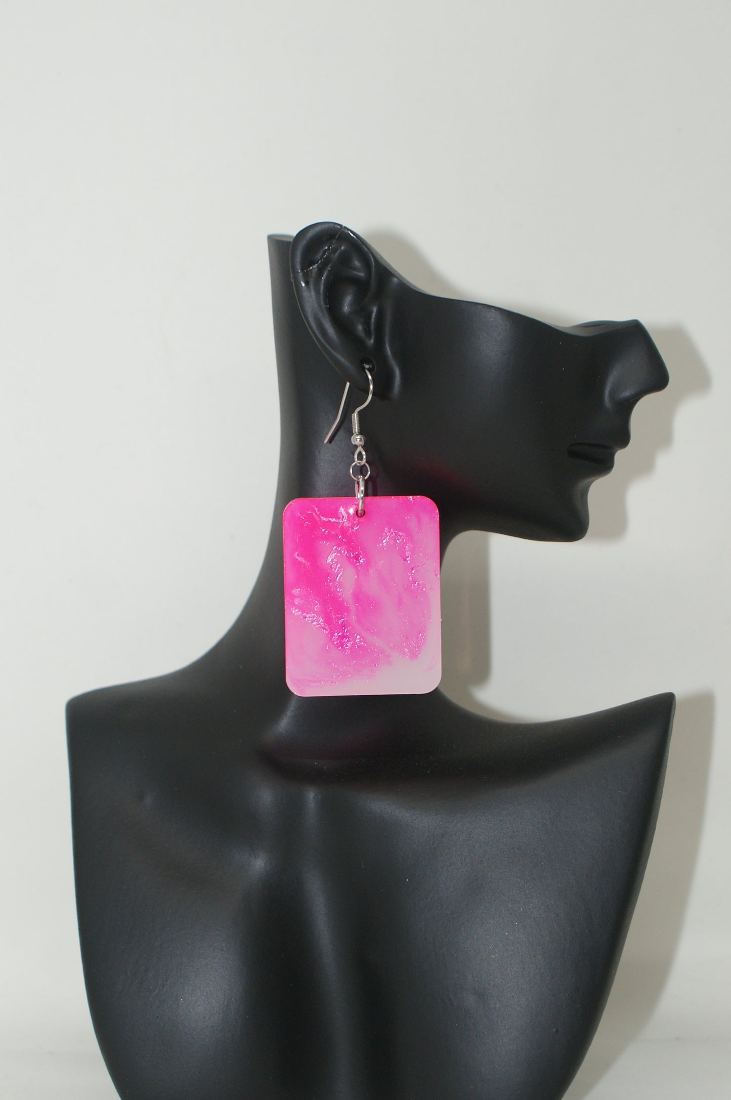 Hand-Poured Resin and Alcohol Ink Earrings - Rectangle - Pink/White