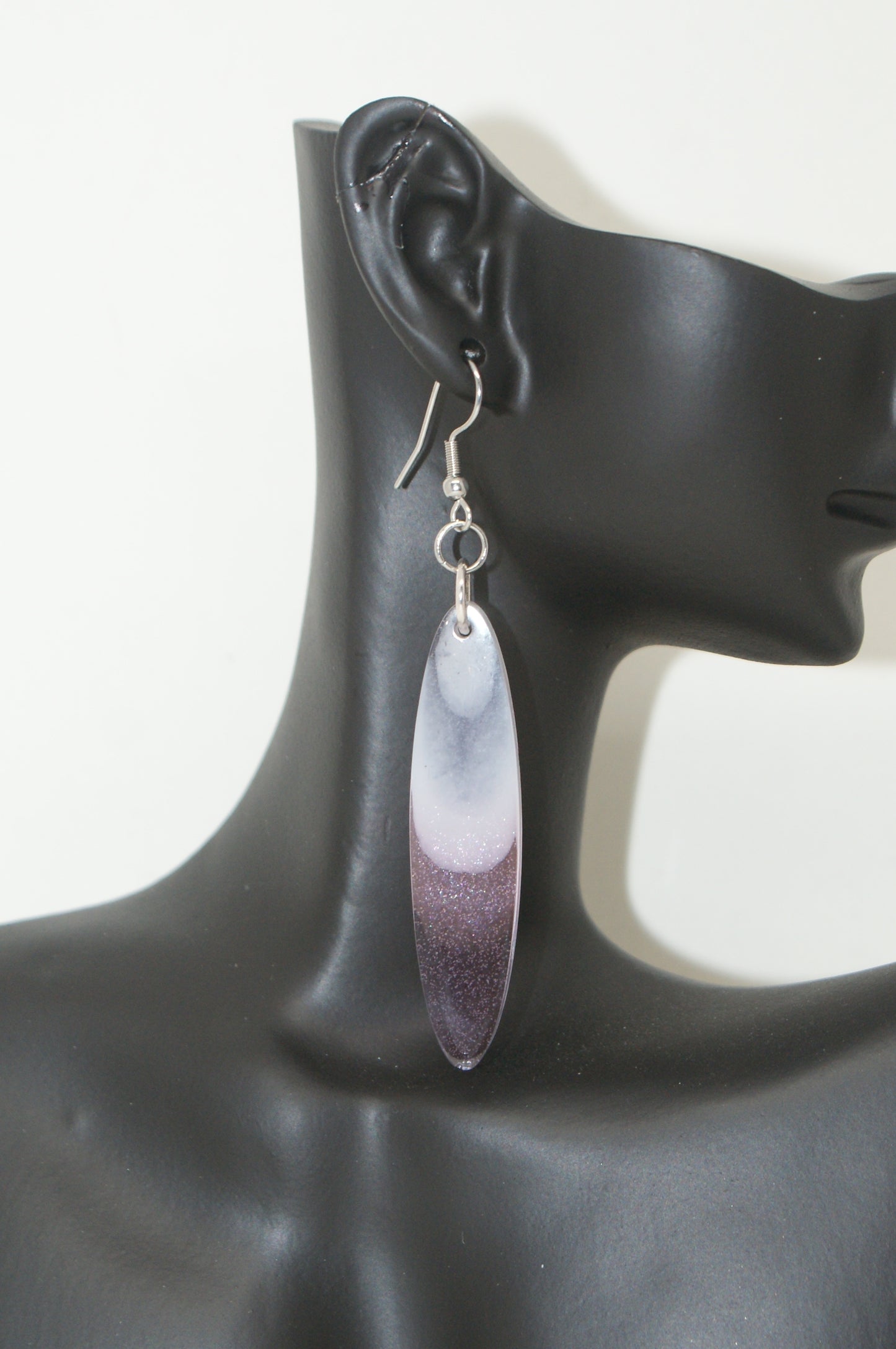 Hand-Poured Resin and Alcohol Ink Earrings - Oval - Purple/White