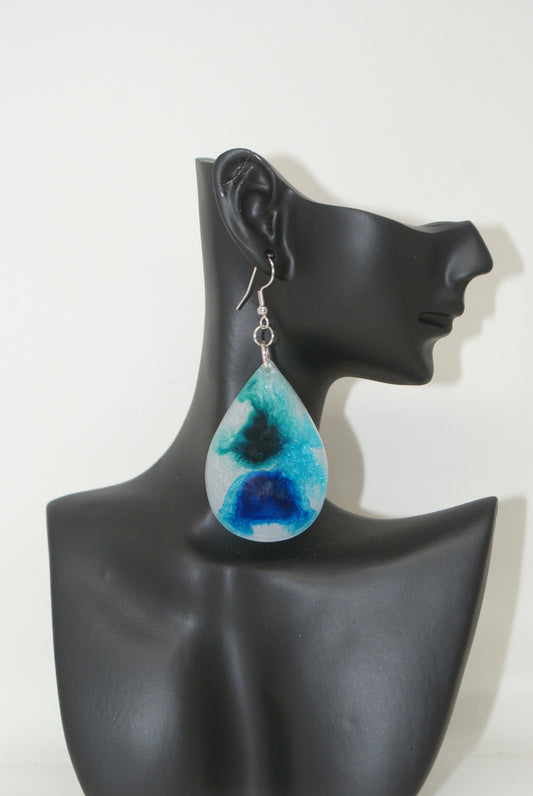 Hand-Poured Resin and Alcohol Ink Earrings - Droplet - Blue