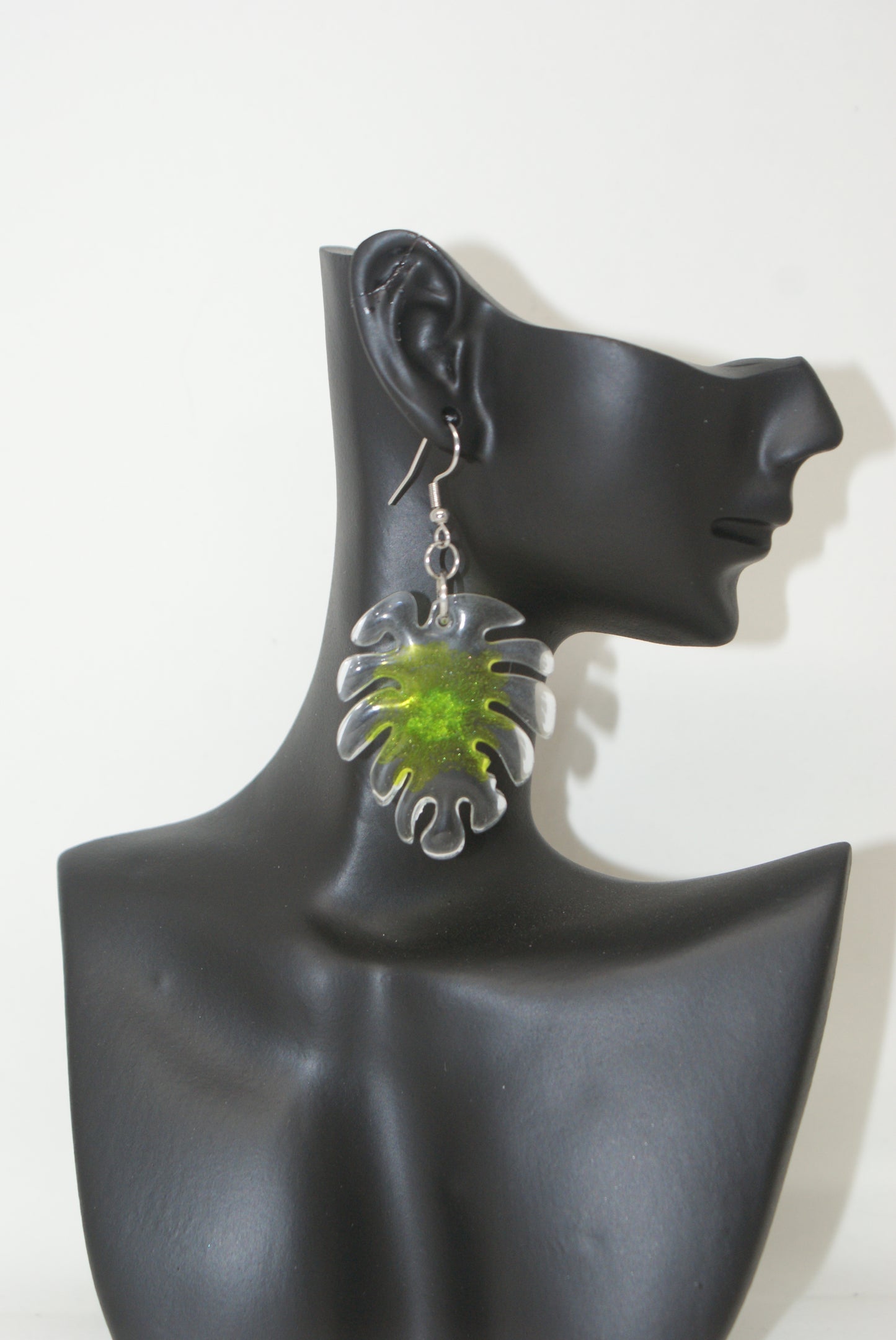 Hand-Poured Resin and Alcohol Ink Earrings - Leaf - Green