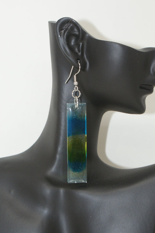 Hand-Poured Resin and Alcohol Ink Earrings - Rectangle - Blue/Green