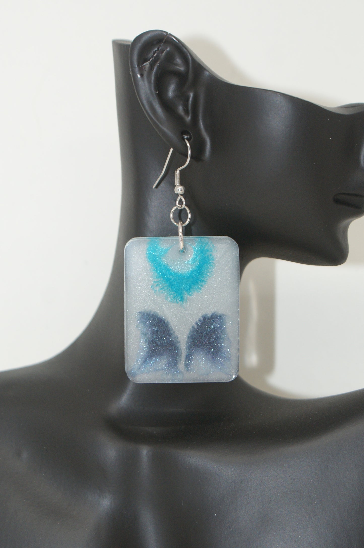 Hand-Poured Resin and Alcohol Ink Earrings - Rectangle - Blue/White
