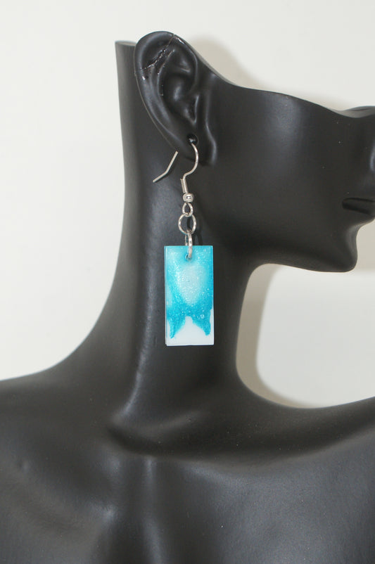 Hand-Poured Resin and Alcohol Ink Earrings - Rectangle - Blue/White