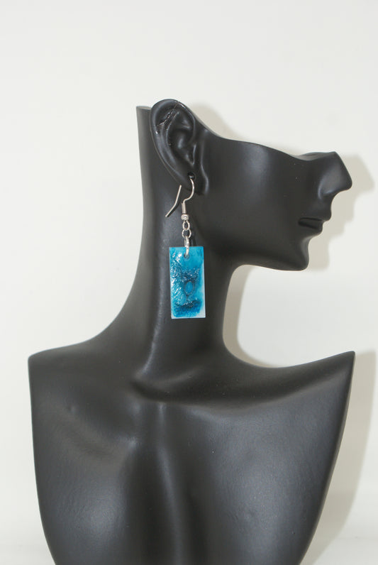 Hand-Poured Resin and Alcohol Ink Earrings - Rectangle - Blue