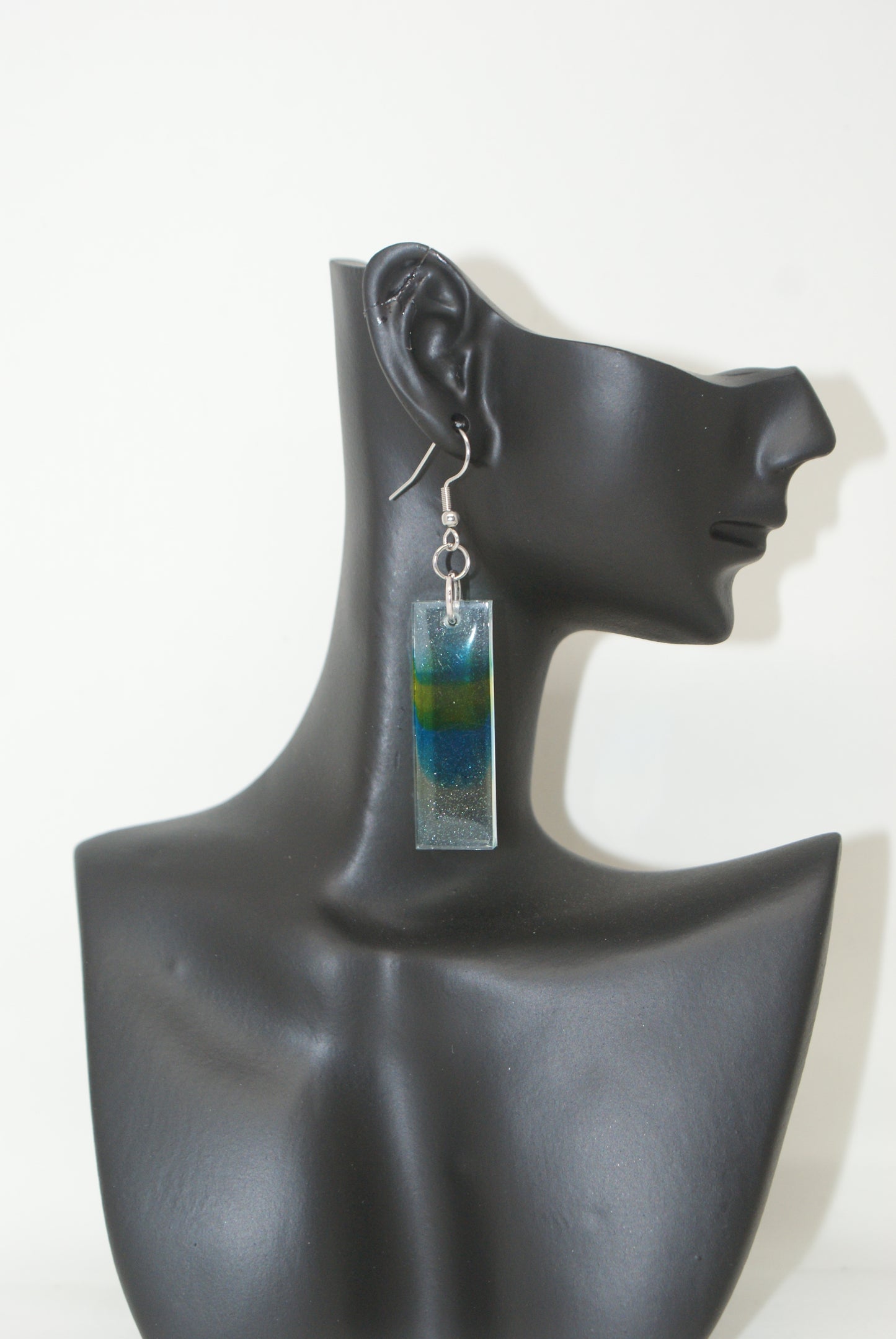 Hand-Poured Resin and Alcohol Ink Earrings - Rectangle - Blue/Green