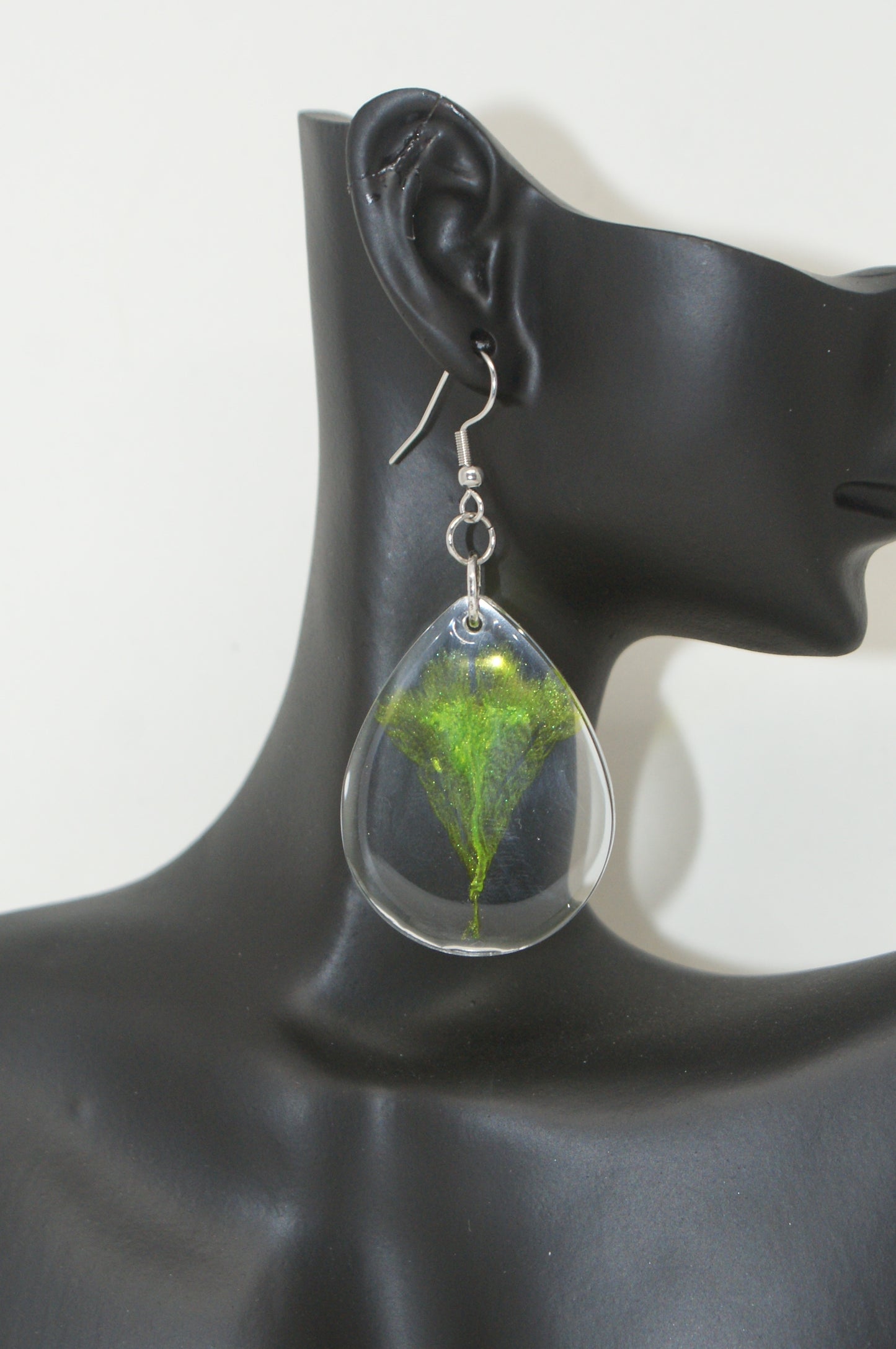 Hand-Poured Resin and Alcohol Ink Earrings - Droplet - Green