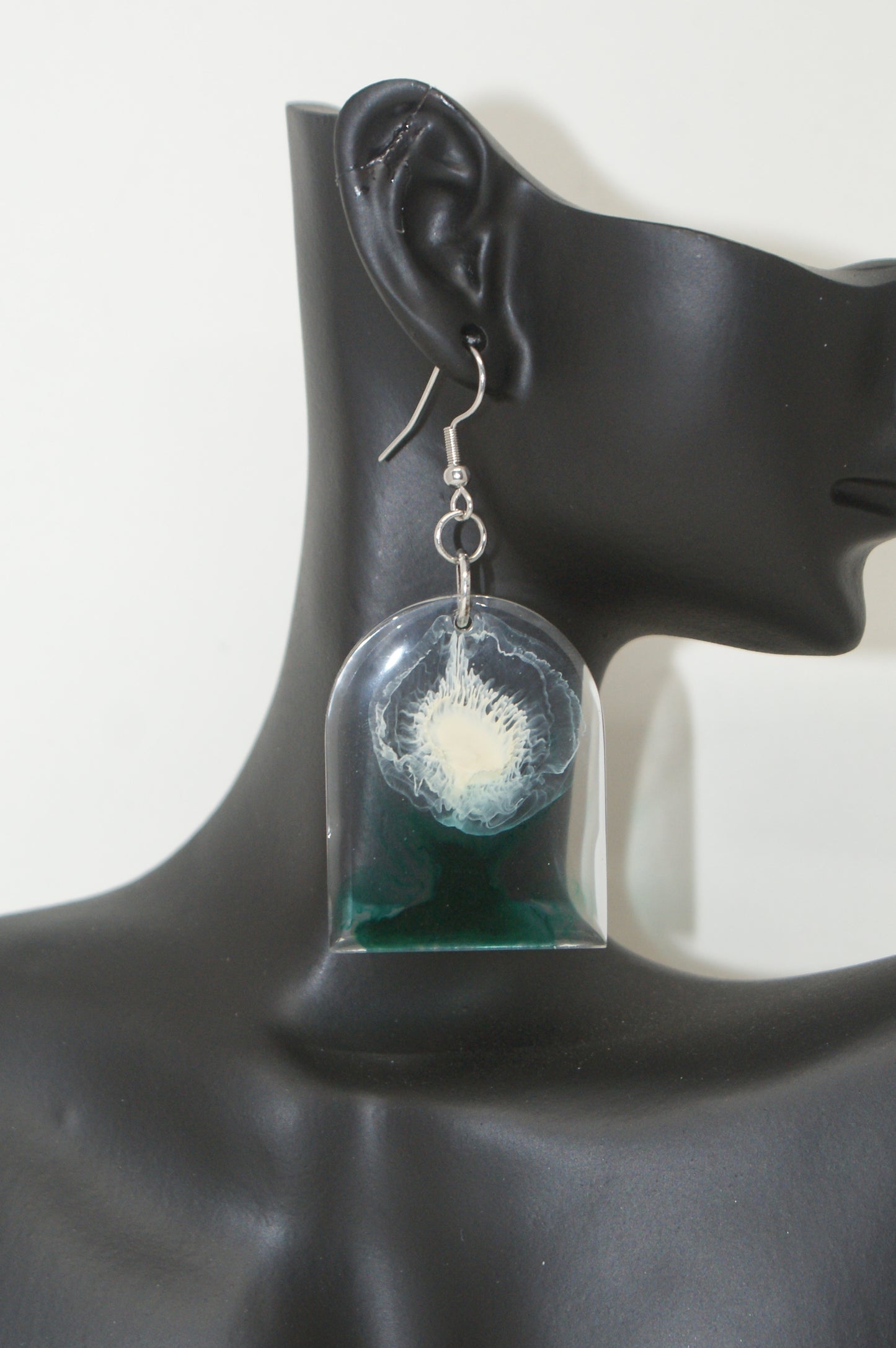 Hand-Poured Resin and Alcohol Ink Earrings - Arch - White/Green