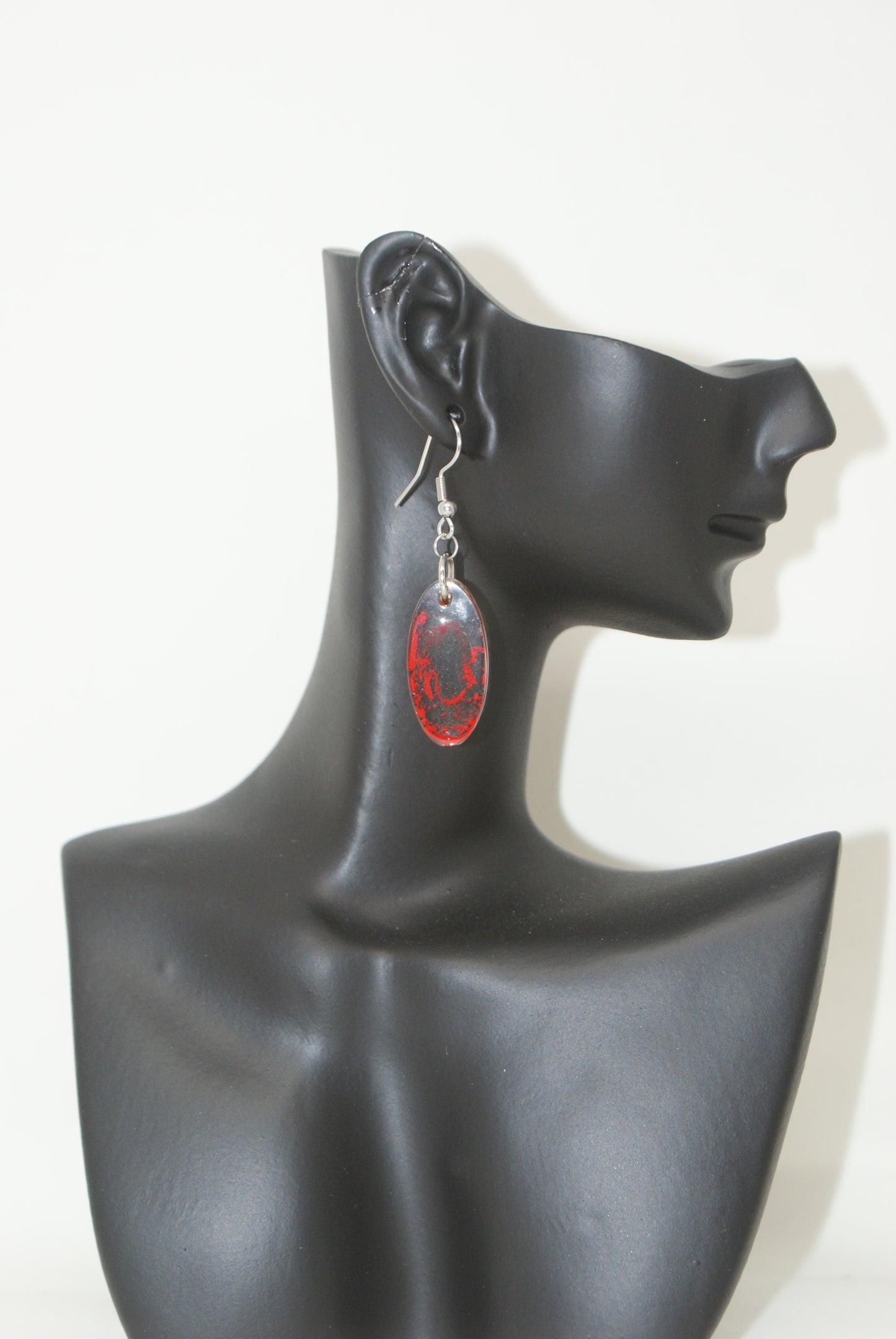 Hand-Poured Resin and Alcohol Ink Earrings - Oval - Red