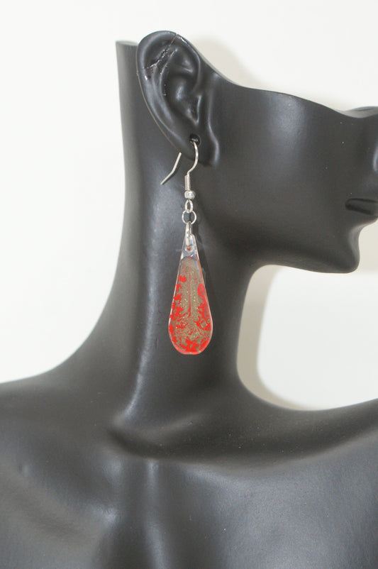 Hand-Poured Resin and Alcohol Ink Earrings - Droplet - Red