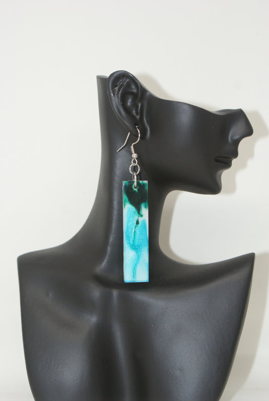 Hand-Poured Resin and Alcohol Ink Earrings - Rectangle - Turquoise/Blue