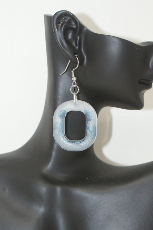 Hand-Poured Resin and Alcohol Ink Earrings - Hoop - Blue/White