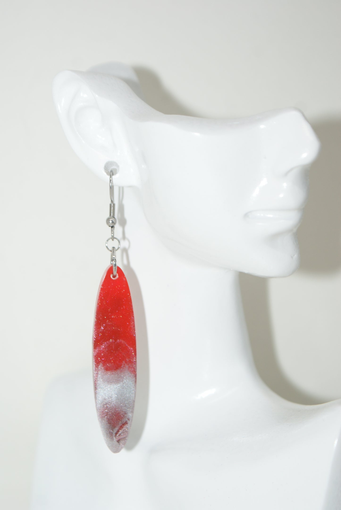 Hand-Poured Resin and Alcohol Ink Earrings - Oval - Red/Silver