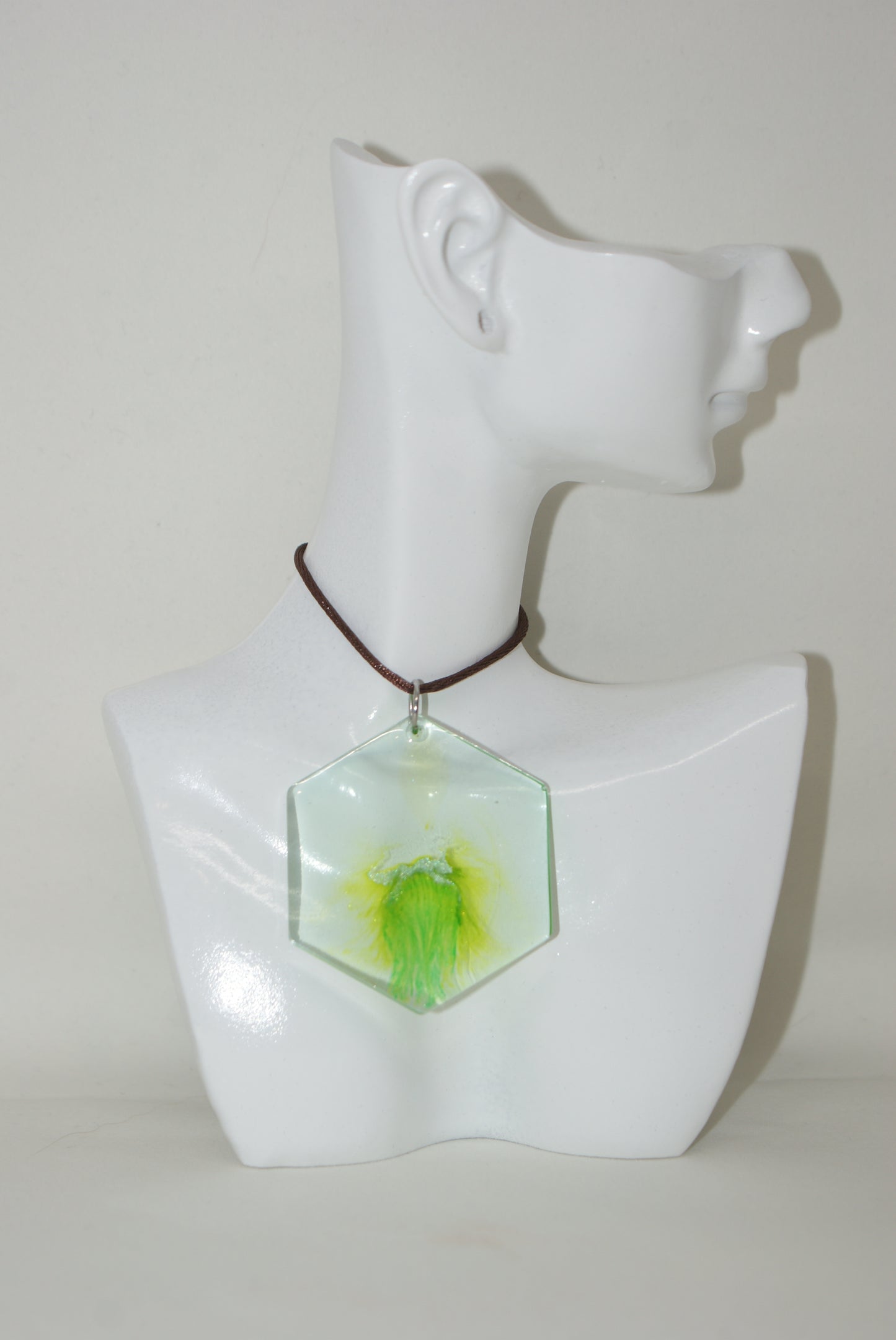 Hand-Poured Resin and Alcohol Ink Necklace - Hexagon - Green/Yellow