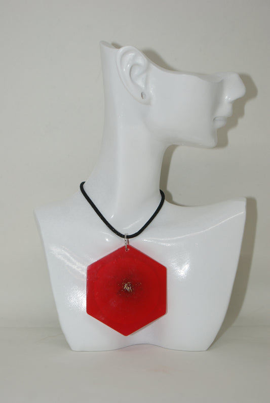 Hand-Poured Resin and Alcohol Ink Necklace - Hexagon - Red/Gold