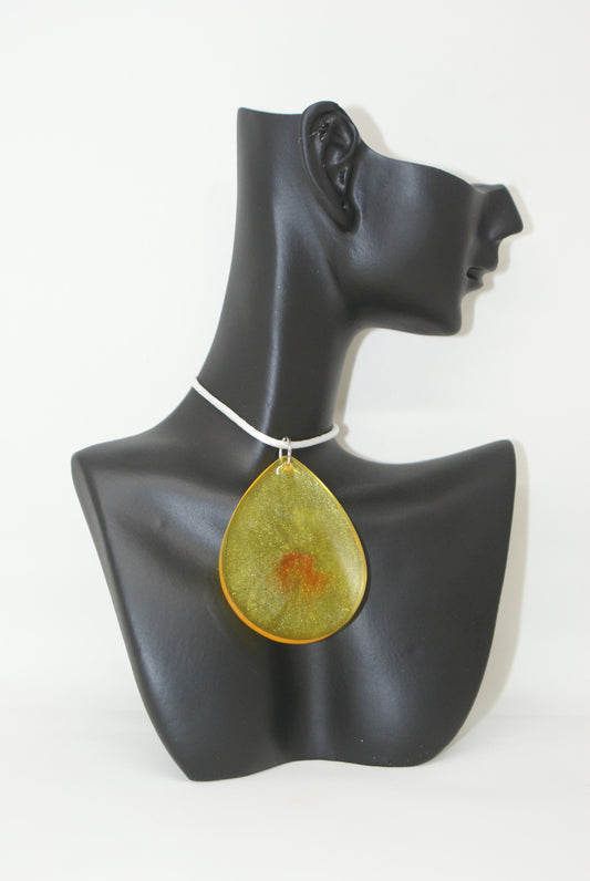 Hand-Poured Resin and Alcohol Ink Necklace - Droplet - Yellow/Orange