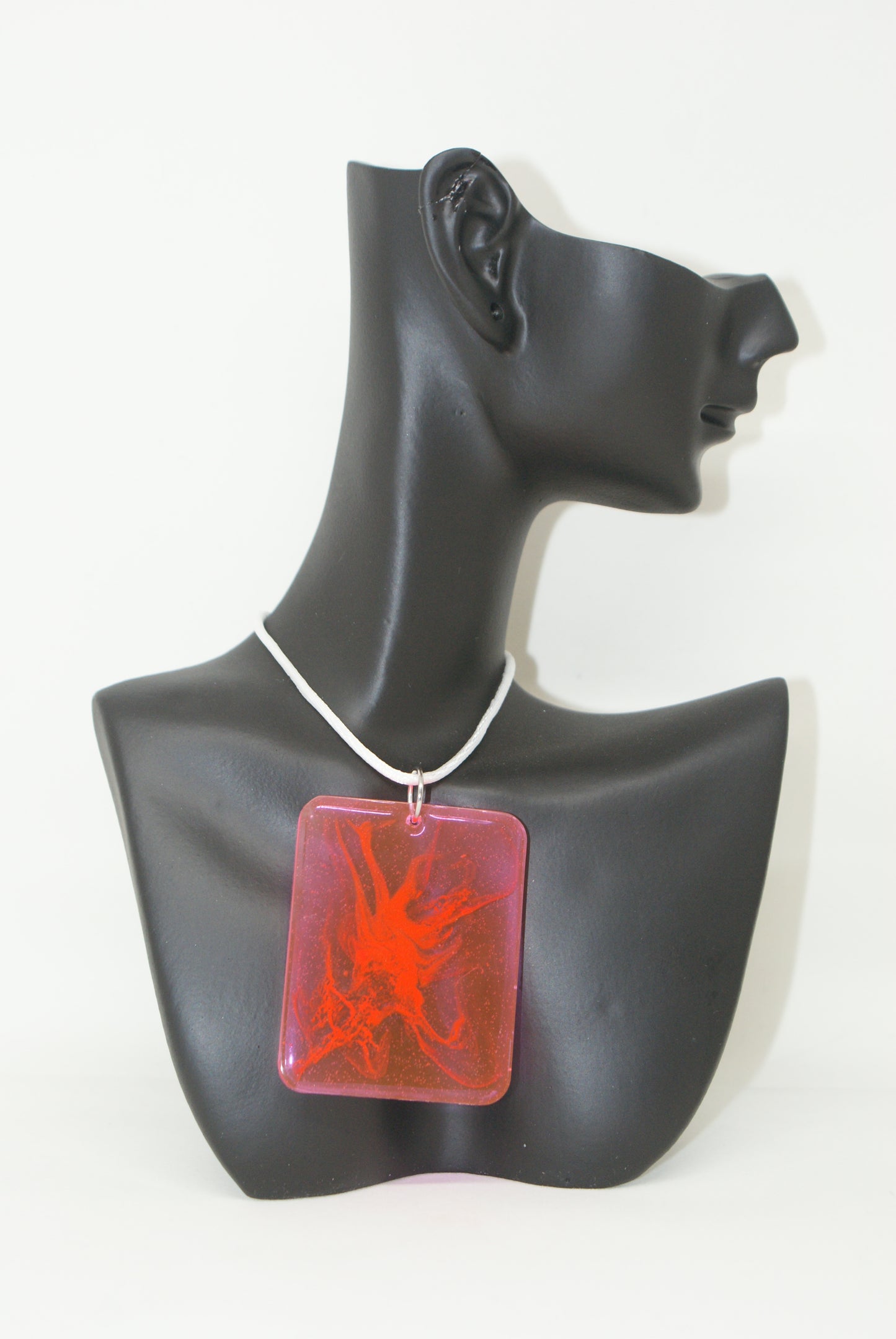 Hand-Poured Resin and Alcohol Ink Necklace - Rectangle - Pink/Red