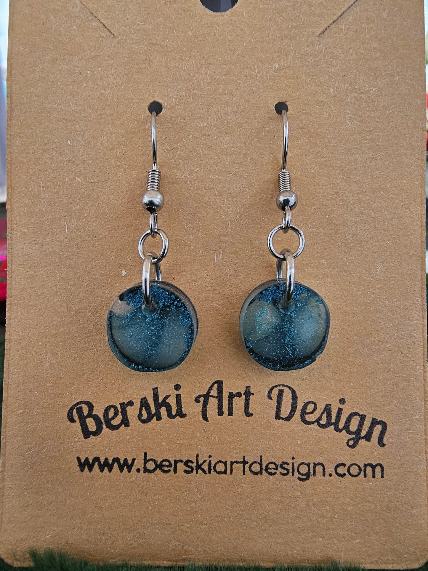 Hand-Poured Resin and Alcohol Ink Earrings - Round - Blue Grey