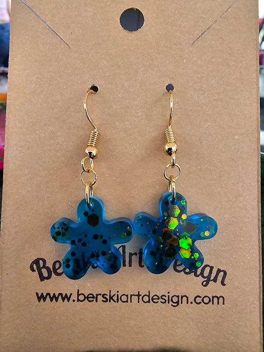 Hand-Poured Resin and Alcohol Ink Earrings - Blue Glitter