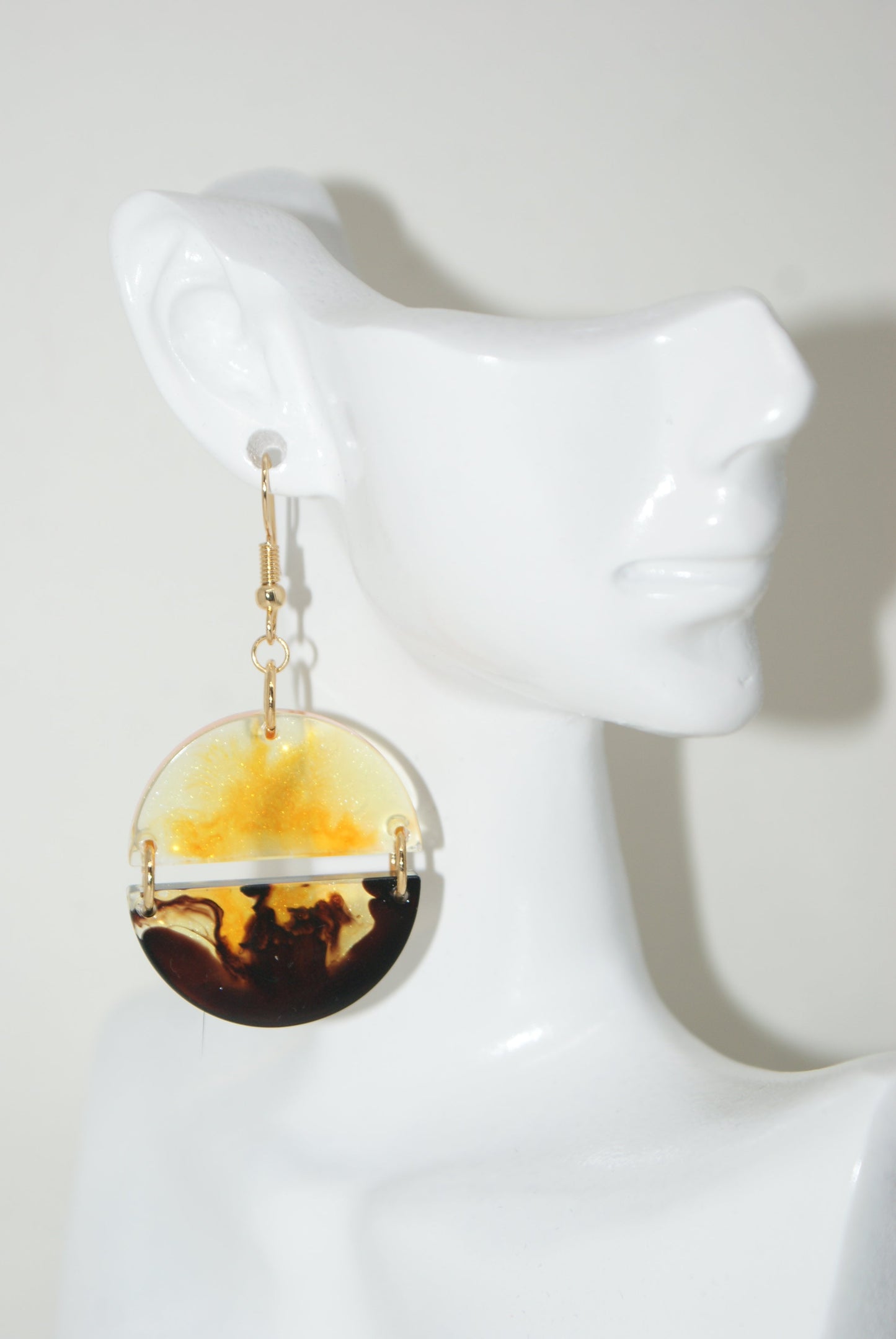 Hand-Poured Resin and Alcohol Ink Earrings - Half Circle - Brown/Yellow