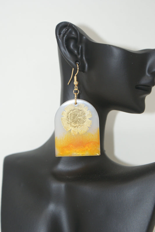 Hand-Poured Resin and Alcohol Ink Earrings - Arch - Orange/Gold