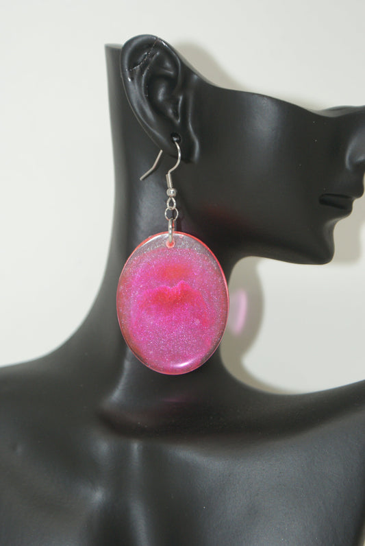 Hand-Poured Resin and Alcohol Ink Earrings - Oval - Pink