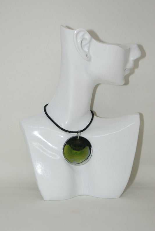 Hand-Poured Resin and Alcohol Ink Necklace - Circle - Black/Green